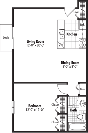 Floor plan for 1 bed, 1 bath, 677 sqft